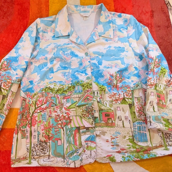 CJ Banks Jackets & Blazers - CJ Banks Cityscape Watercolor Shirt Jacket, 2X Stretch Denim Long Sleeve Boho